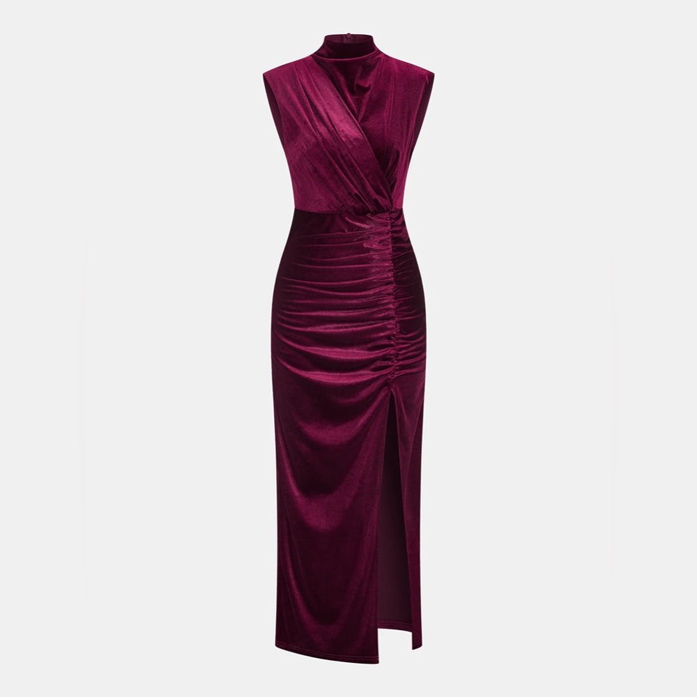 CoMMENSE Sleeveless Side Slit Velvet Mock Neck Maxi Dress NWT - Burgundy Large